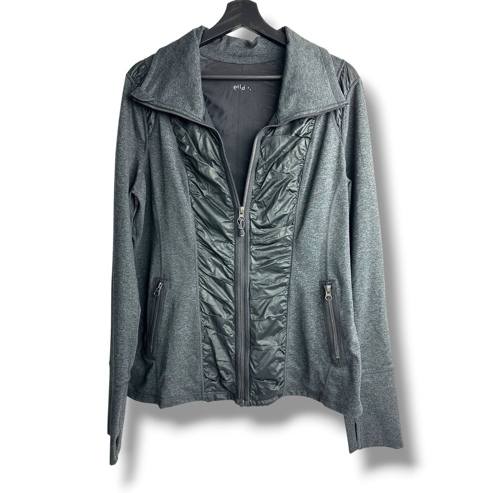 Zella Womens Mixed Media Full Zip Jacket Black Heathered Ruched Thumbhole Large